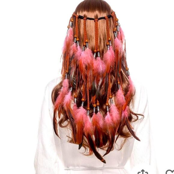 boho Other - NWT handmade adjustable headband with feathers and beads and roping. Pink& black